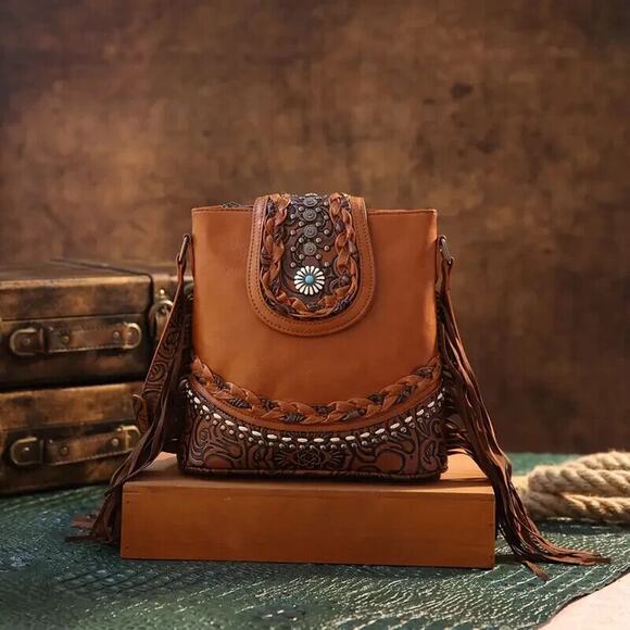 NEW Crossbody Bag Womens Brown Vintage Western Bucket Bag Ethnic Tooled Fringe - Picture 6 of 6